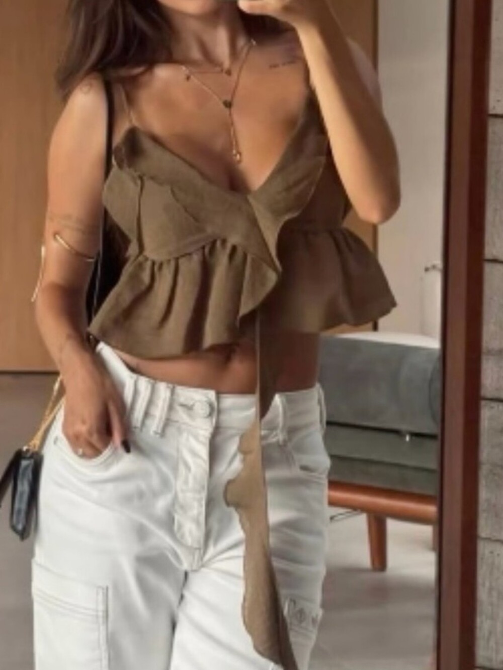 Zara Ruffled Deep V-Neck Tie Front Camisole, Semi Sheer, Olive - Picture 8 of 8